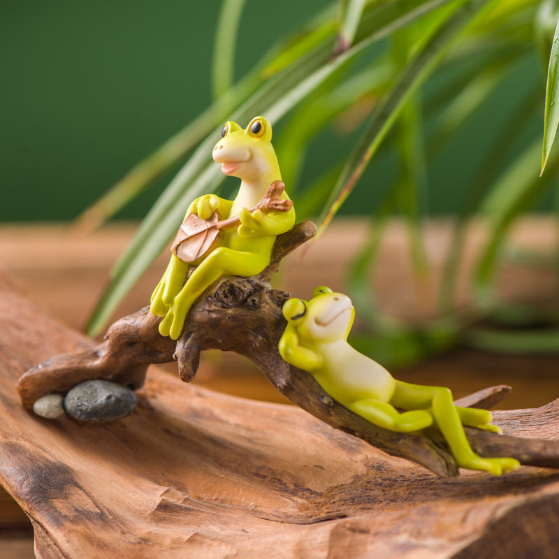 Miniature Frog Figurines Fairy Garden Decor Sleeping & Pipa Playing Toad Statue