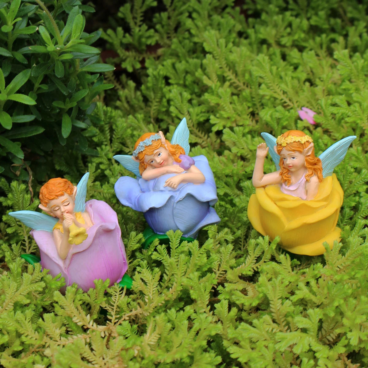 3pcs Flower Fairy Garden Stakes Resin Figurine Pot Hugger Plant Pick Decor Set