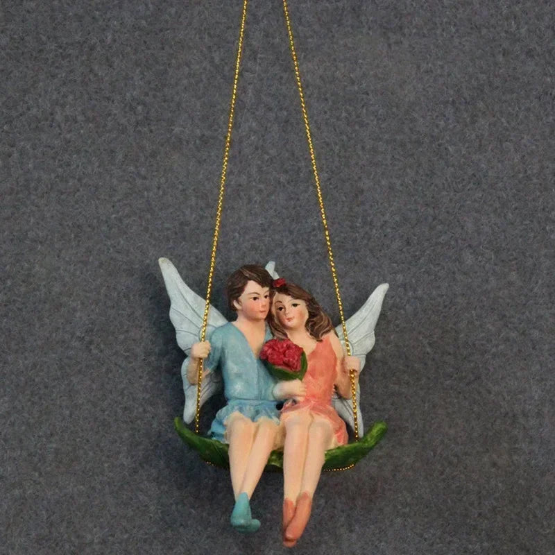 Romantic Couple Fairy on Swing Statue Resin Hanging Ornament Valentine's Day Gift