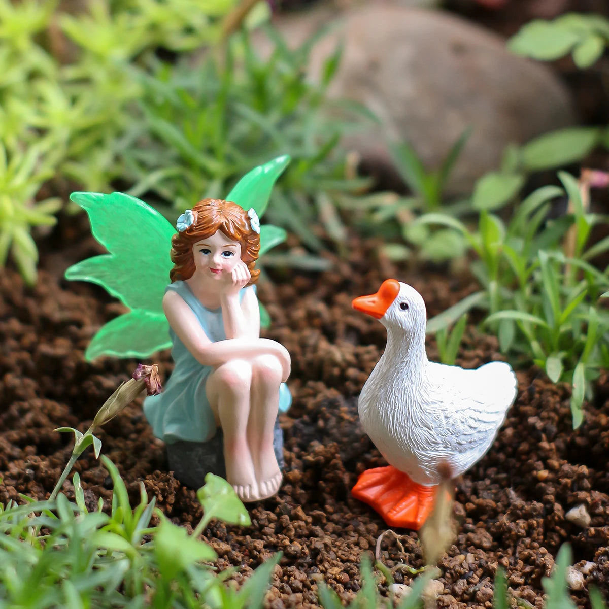 2pcs Seated Flower Fairy with Geese Statue Resin Miniature for Fairy Garden Decor