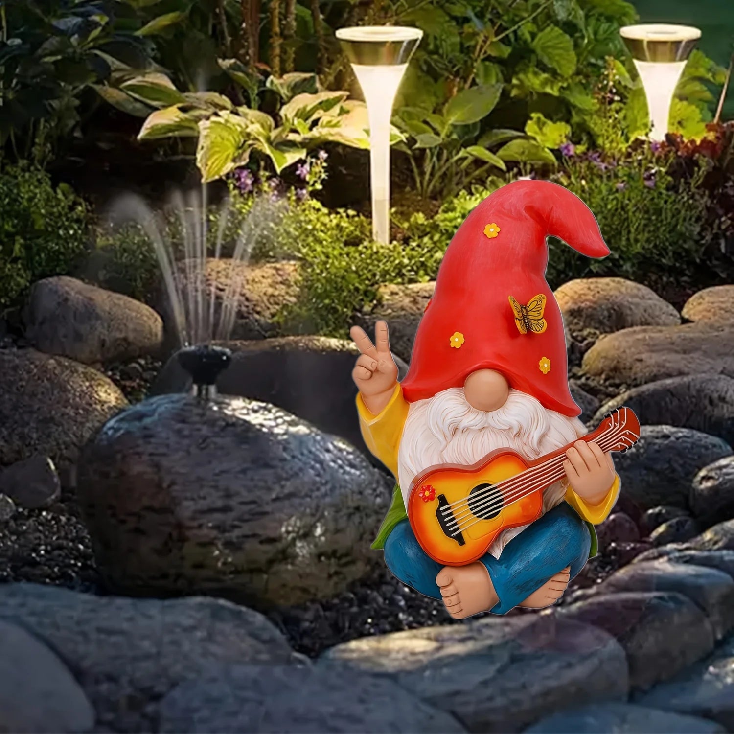Retro Hippie Garden Gnome Statue with Guitar Colorful Resin Dwarf Rock Star Decor