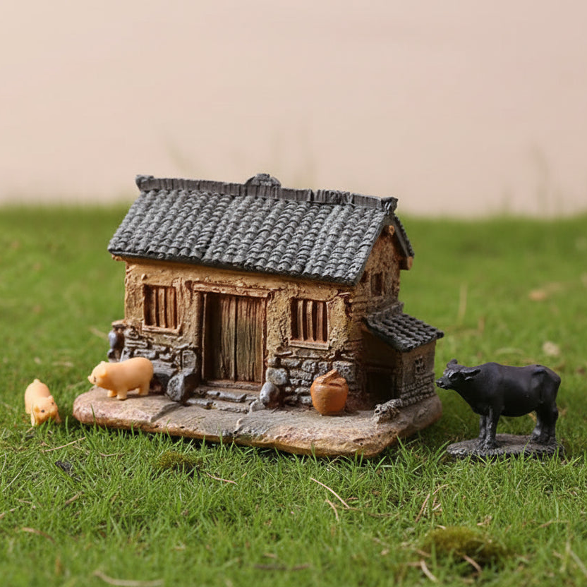 Miniature Chinese Style House Resin Figurine Zen Garden Decor for Bonsai Plants