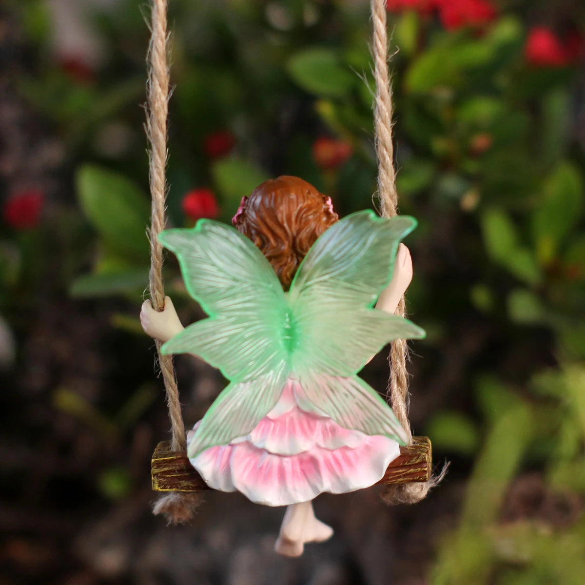 Pink Dress Swinging Fairy Statue Glow in the Dark Wings Hanging Garden Ornament