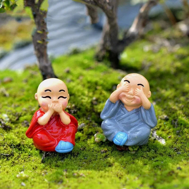 4-Piece Cute Little Monk Buddha Figurine Set - Zen Decor for Bonsai & Garden
