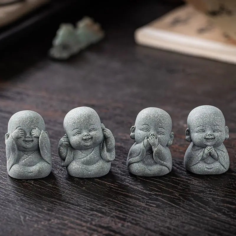 4pcs Little Monk Statue Set Stone Finish Resin Buddha Figurine Zen Garden Decor