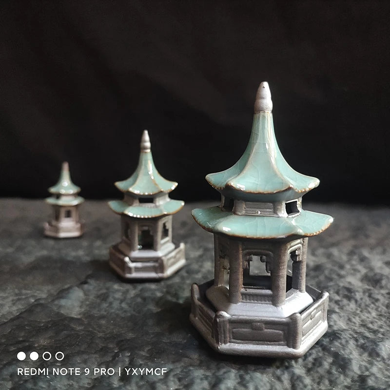 Ceramic Zen Pagoda Figurine Handcrafted Bonsai Decor Tea Pet Miniature Ornament