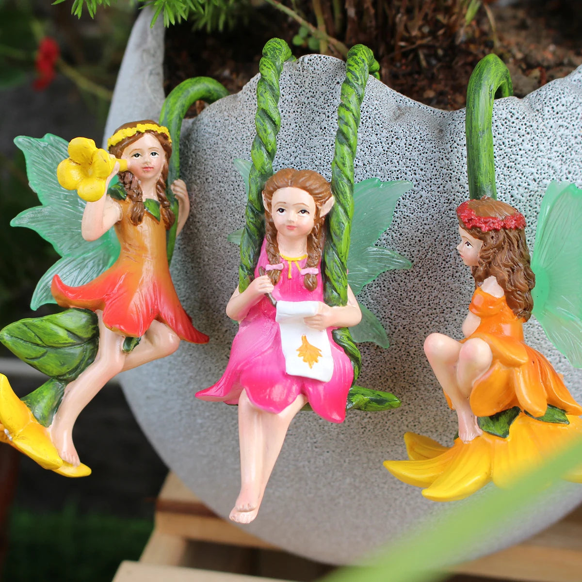 3pcs Tree Vine Flower Fairy Pot Huggers Resin Hanging Dwarf Garden Decoration