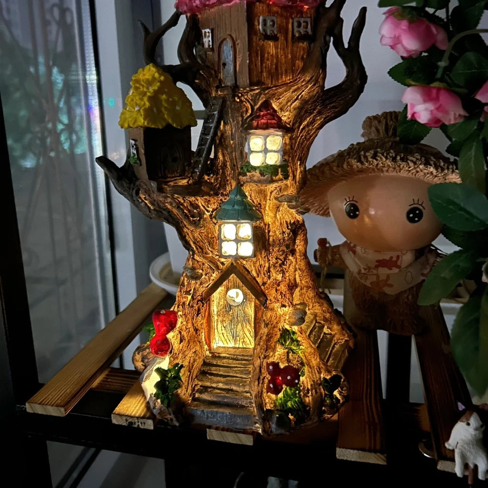 Solar Tree House Garden Statue Light Up Miniature Landscape Outdoor Decor Ornament