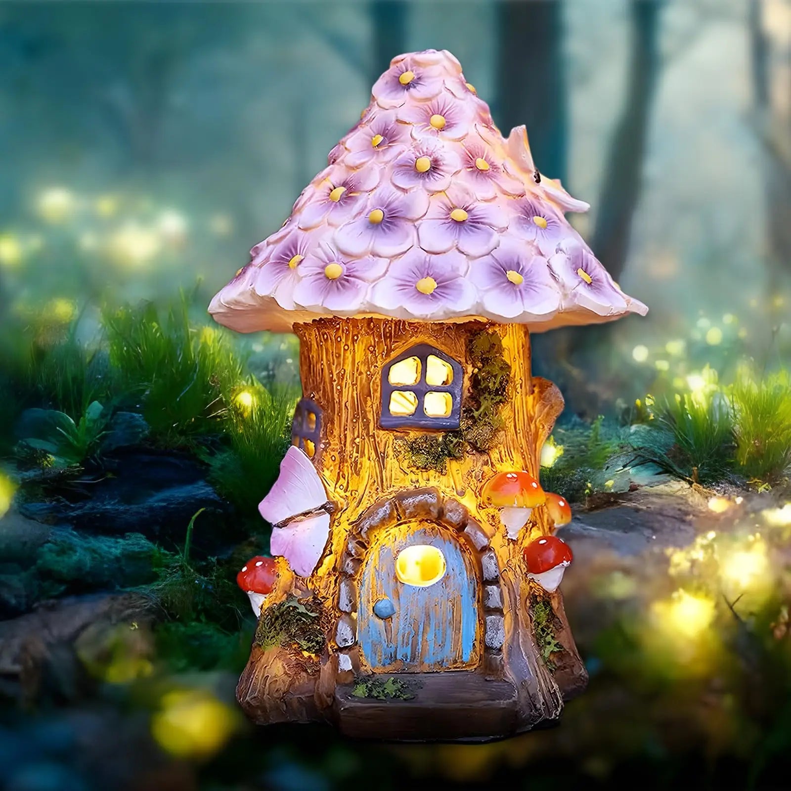 Solar Fairy Garden House Statue Light Up Mushroom Figurine Outdoor Lawn Decor