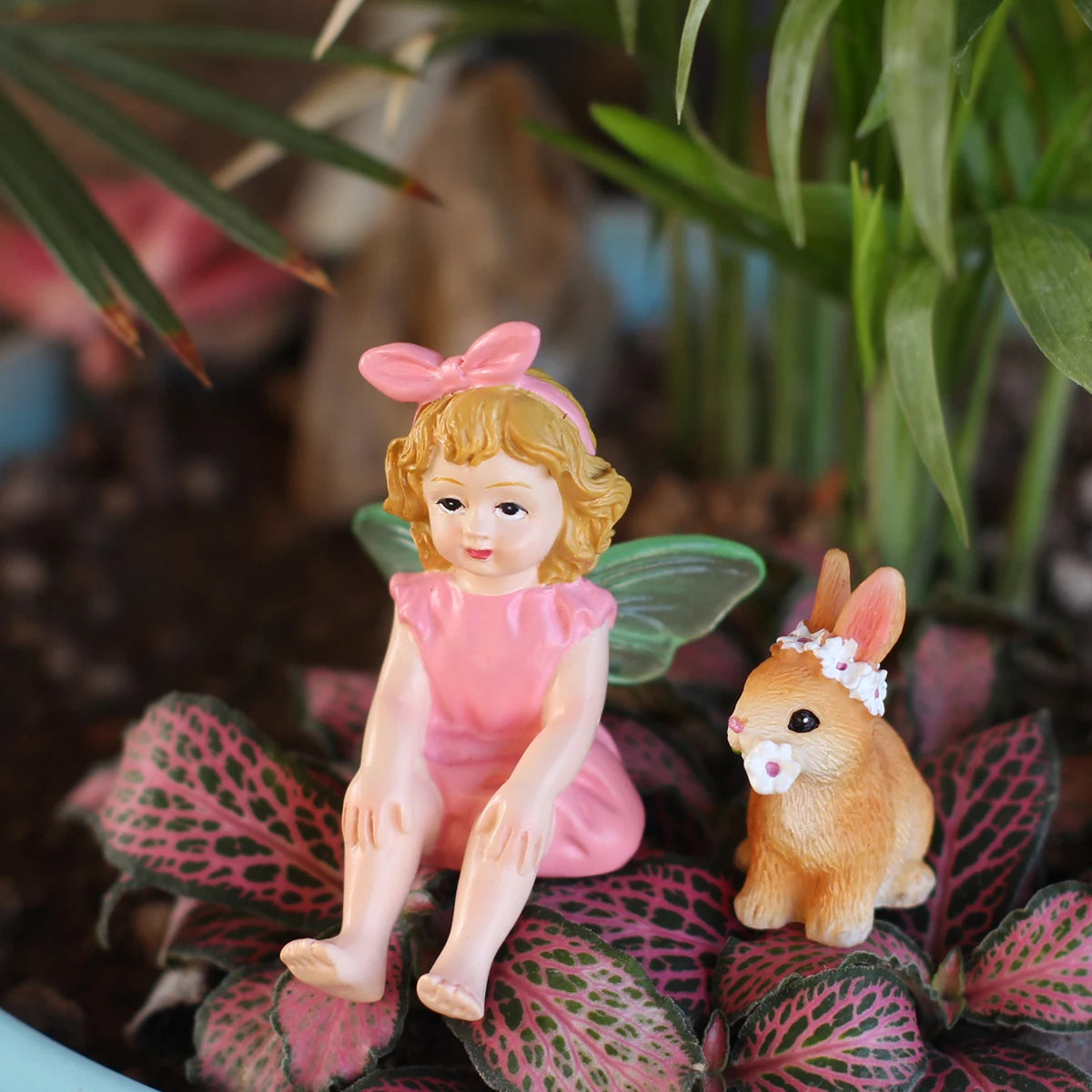 2pcs Easter Bunny & Flower Fairy Set Glow in the Dark Wings Garden Statue Decor