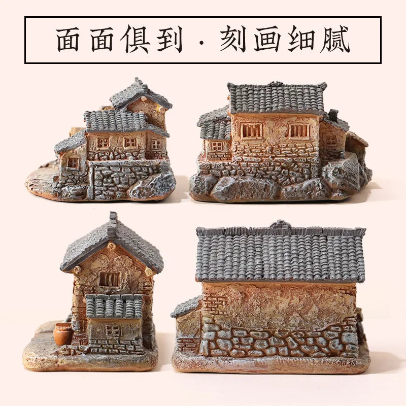 Miniature Chinese Style House Resin Figurine Zen Garden Decor for Bonsai Plants