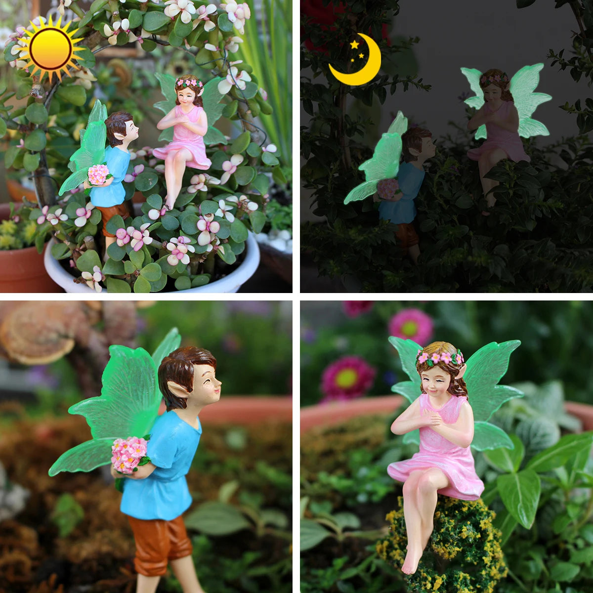 2pcs Glowing Fairy Couple Figurine Glow in the Dark Wing Garden Stake Ornament