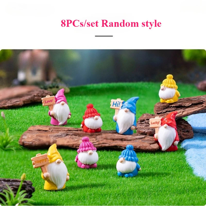 8/16pcs Mini Garden Gnomes Set Miniature Resin Dwarf Figurines Raising Signs Decor