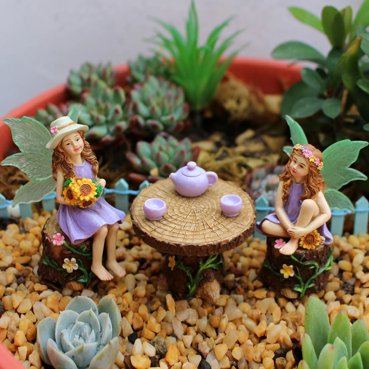 Summer Tea Party Flower Fairy Set Resin Miniature Figurine for Fairy Garden Decor
