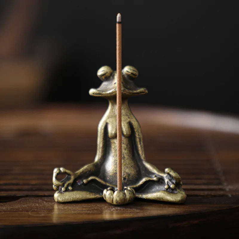 Antique Brass Meditation Zen Frog Statue Incense Burner Copper Tea Pet Desk Decor