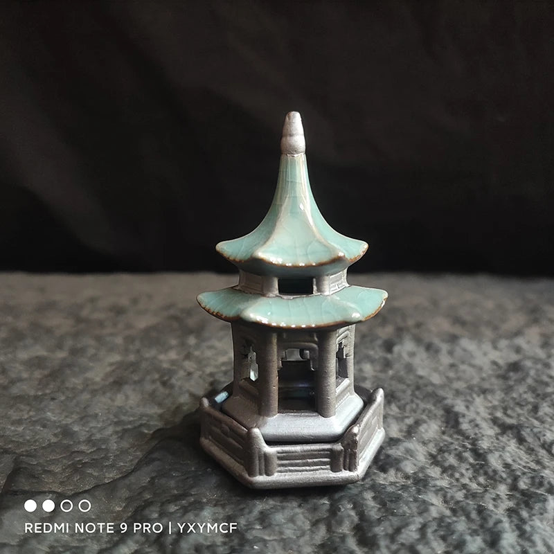 Ceramic Zen Pagoda Figurine Handcrafted Bonsai Decor Tea Pet Miniature Ornament