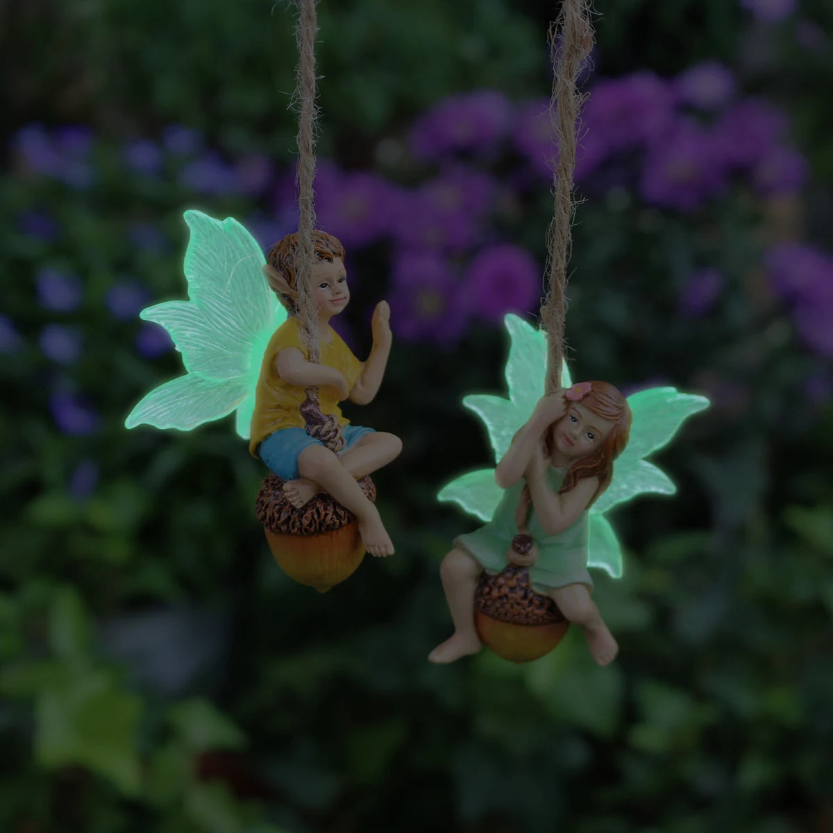 2pcs Swinging Fairy Figurine Glow in the Dark Wing Resin Couple Garden Ornament