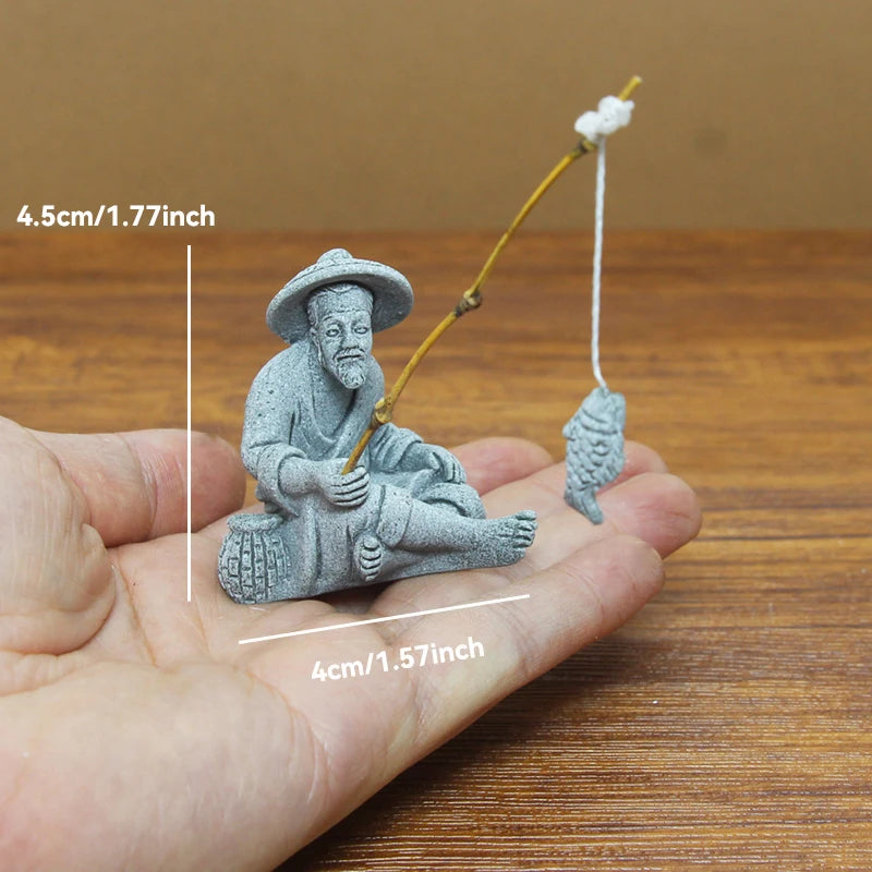 Zen Fisherman & Elder Playing Chess Statue Sandstone Bonsai Fish Tank Ornament