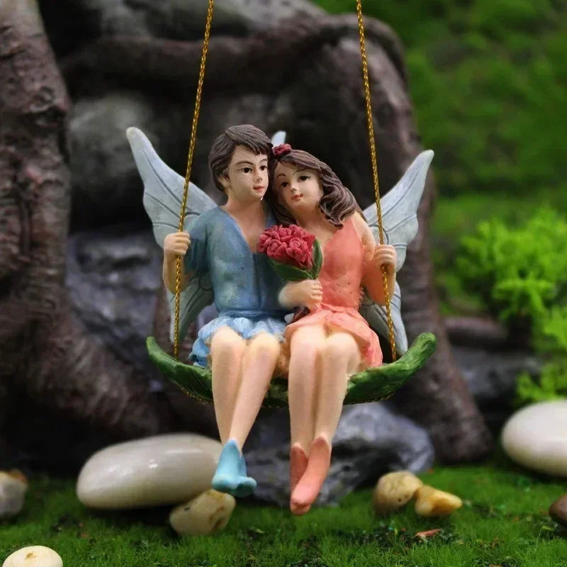 Romantic Couple Fairy on Swing Statue Resin Hanging Ornament Valentine's Day Gift