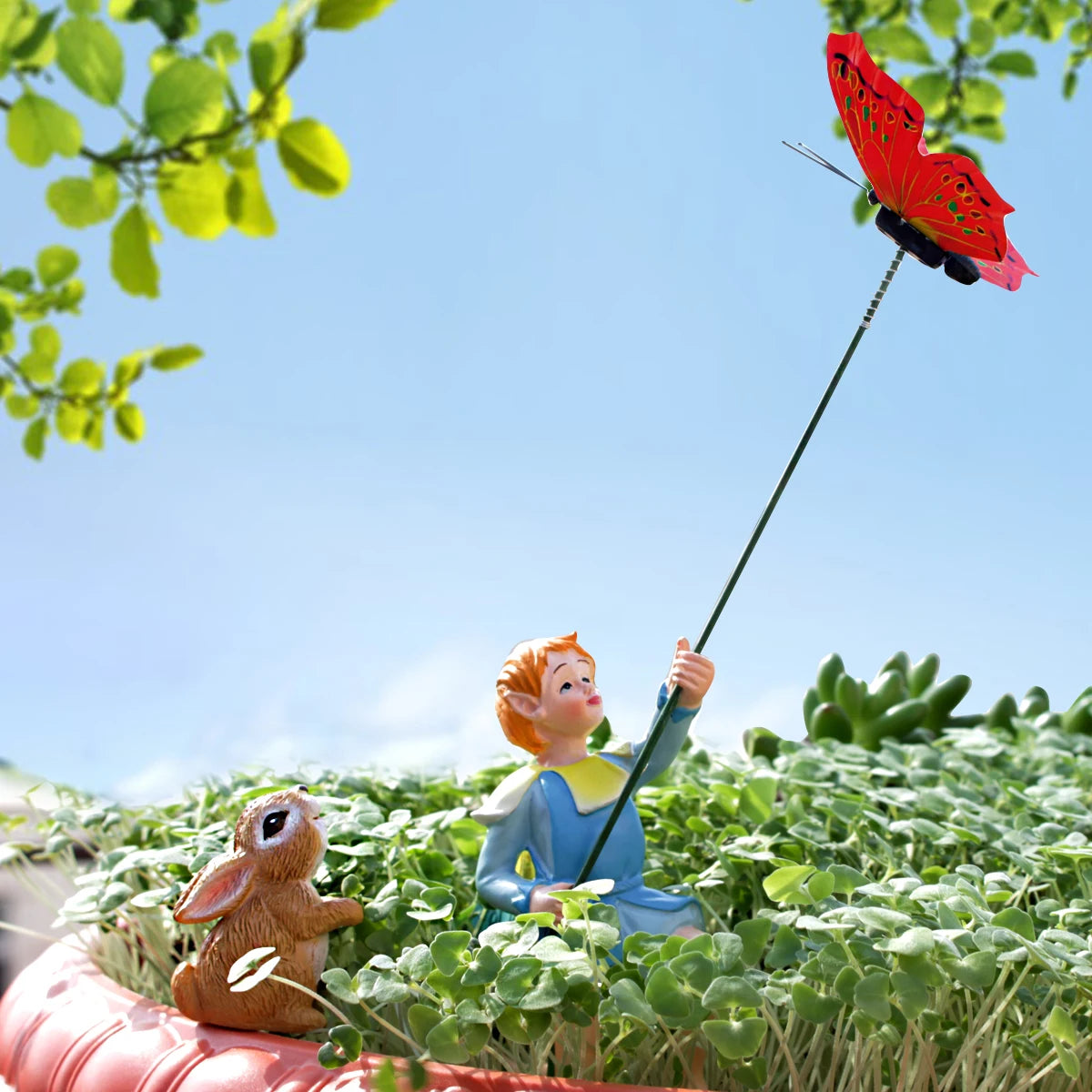 Little Boy Flying Kite Garden Statue Resin Figurine for Bonsai Fairy Garden Decor