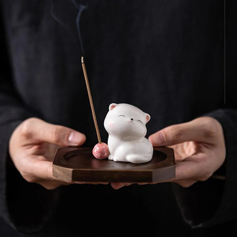 Cute Cat Porcelain Incense Stick Holder Creative Ceramic Ash Catcher Home Decor