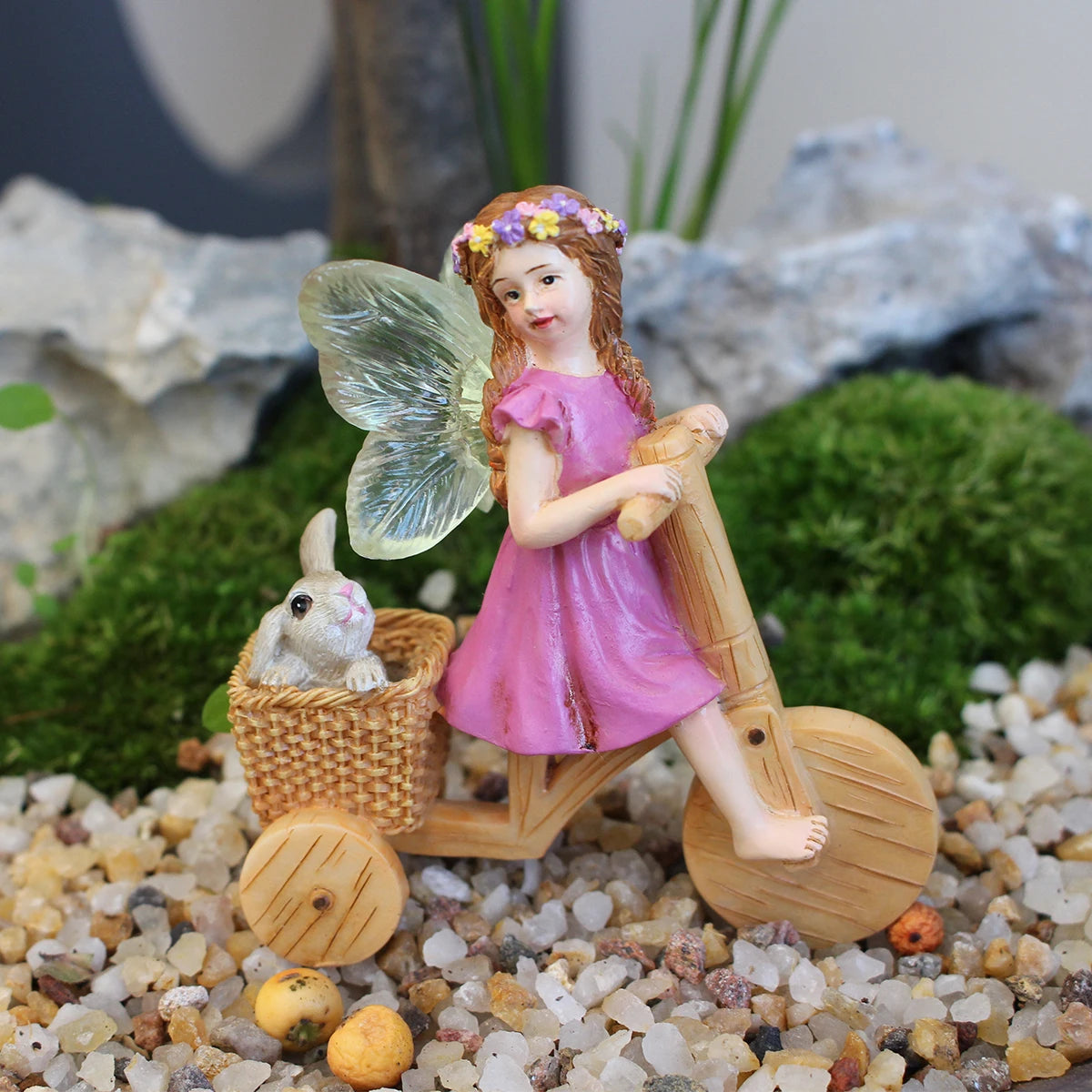 Flower Fairy Riding Bicycle Statue Resin Miniature for Fairy Garden Outdoor Decor
