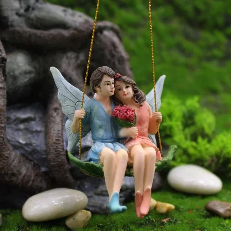 Romantic Couple Fairy on Swing Statue Resin Hanging Ornament Valentine's Day Gift