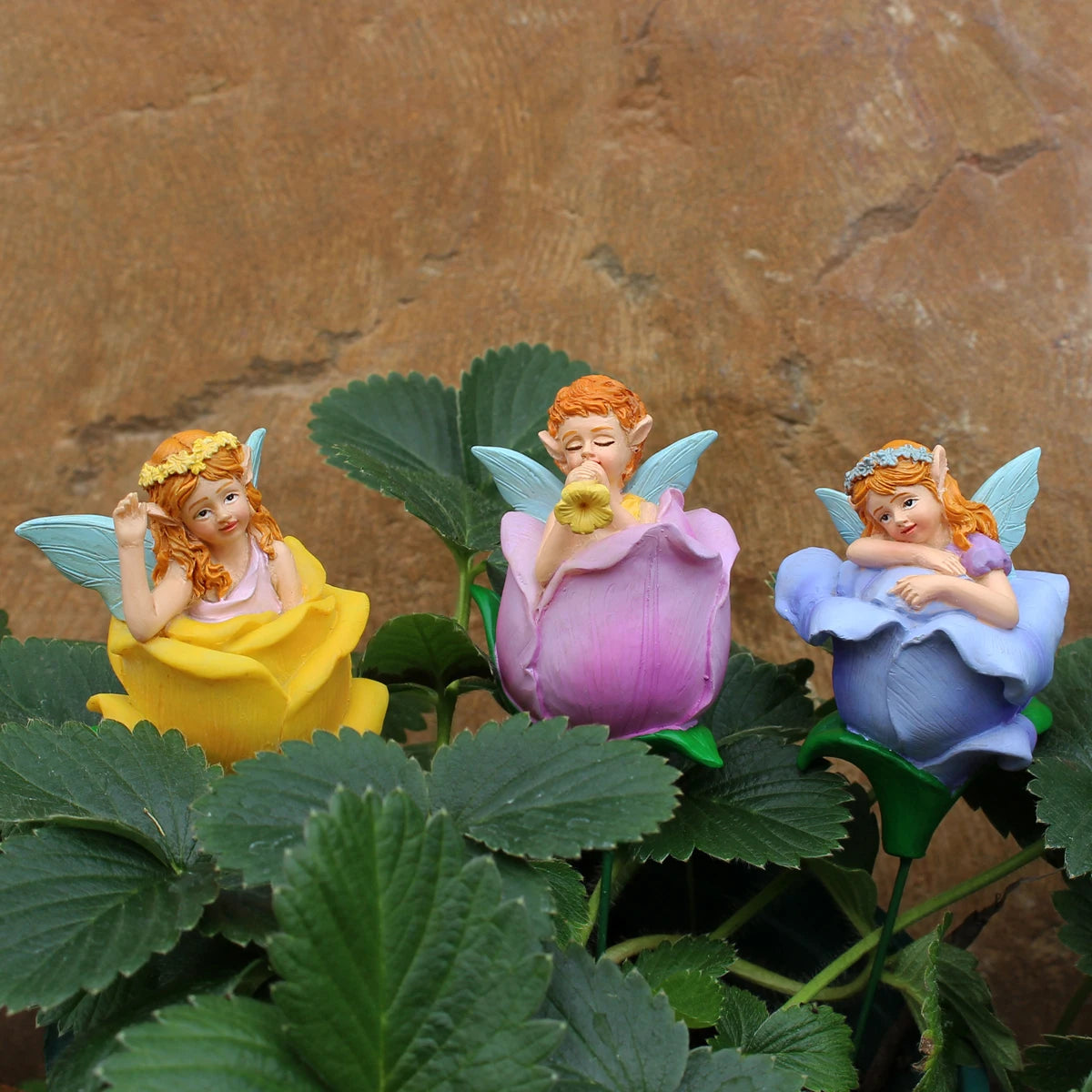 3pcs Flower Fairy Garden Stakes Resin Figurine Pot Hugger Plant Pick Decor Set