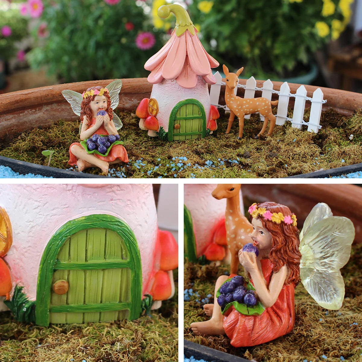 Mini Flower Fairy Eating Berry Statue Resin Miniature for Fairy Garden Pot Decor