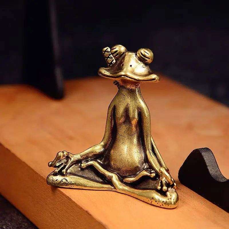 Solid Brass Frog Warrior Statue with Sword Mini Zen Animal Figurine Home Decor