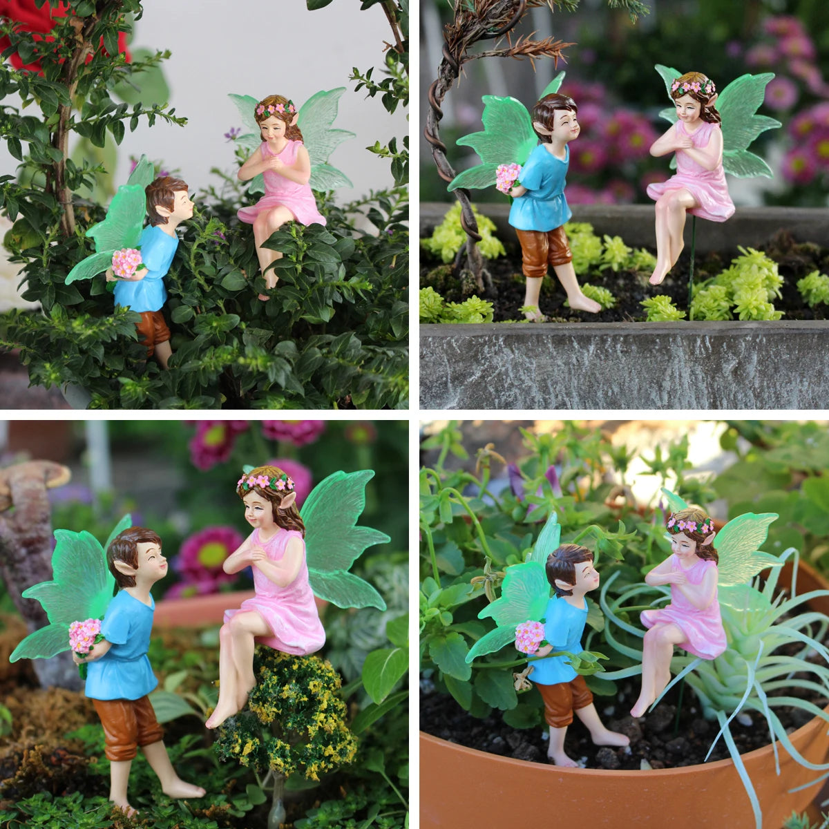 2pcs Glowing Fairy Couple Figurine Glow in the Dark Wing Garden Stake Ornament