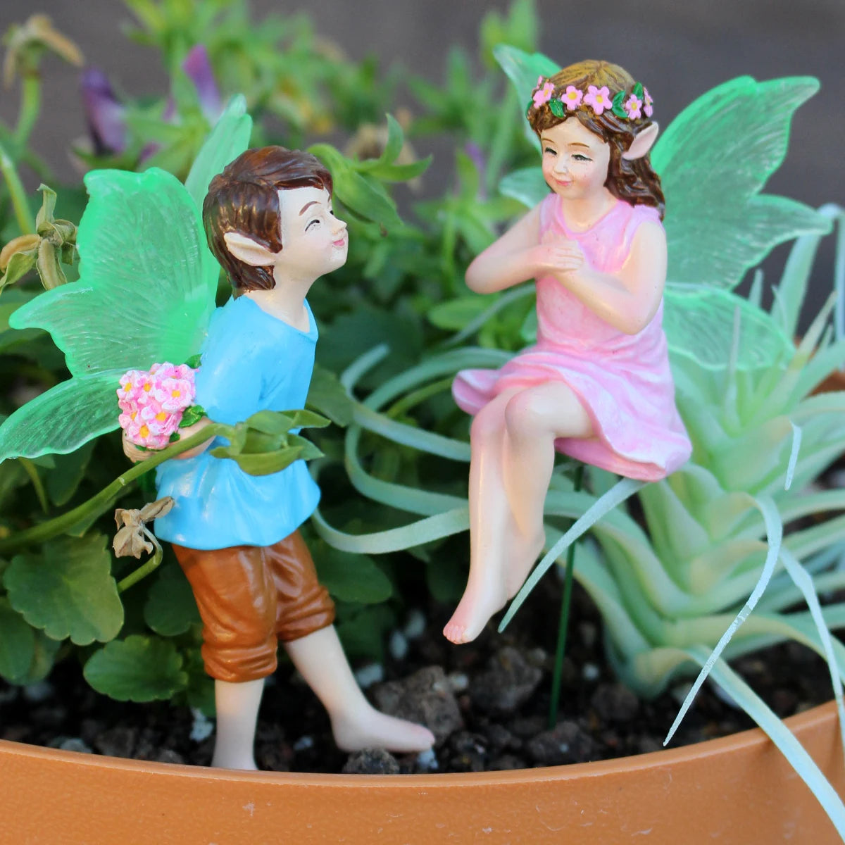 2pcs Glowing Fairy Couple Figurine Glow in the Dark Wing Garden Stake Ornament