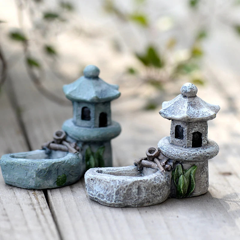 Mini Retro Pond Tower Statue Zen Garden Decor Resin Pagoda Figurine Fish Tank