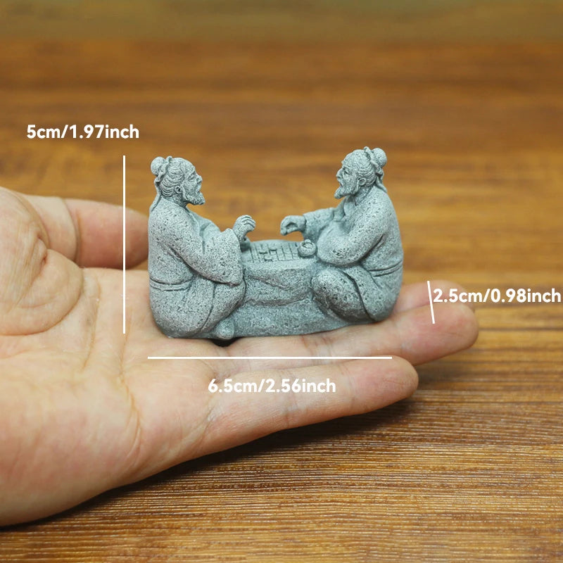 Zen Fisherman & Elder Playing Chess Statue Sandstone Bonsai Fish Tank Ornament