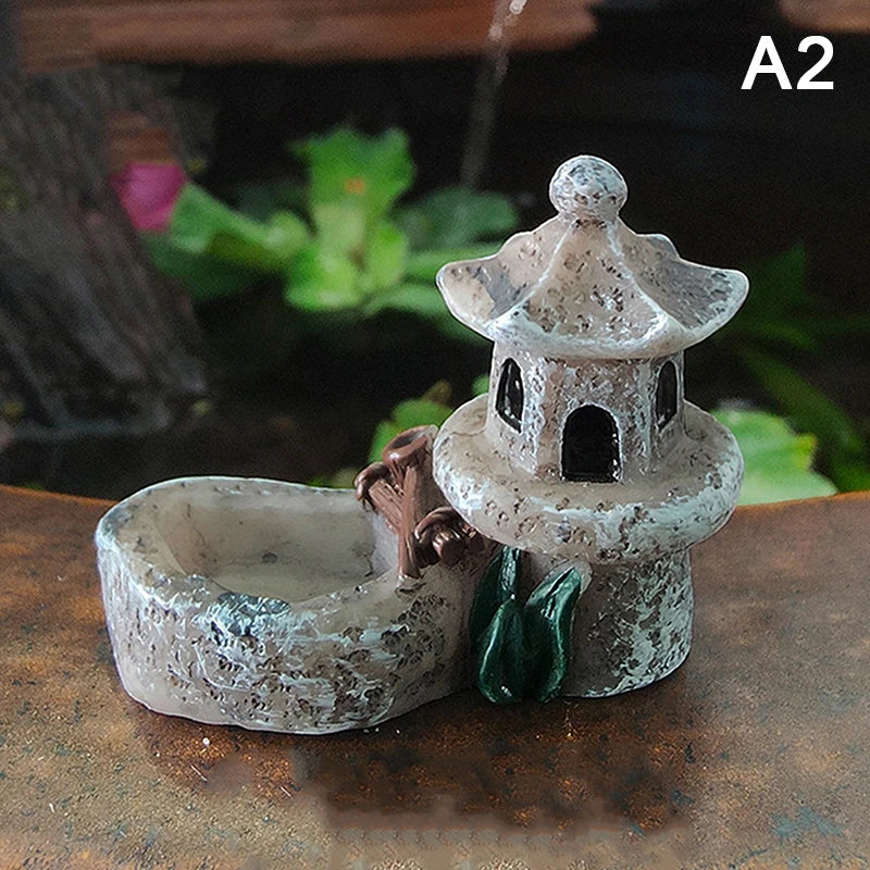 Mini Retro Pond Tower Statue Zen Garden Decor Resin Pagoda Figurine Fish Tank
