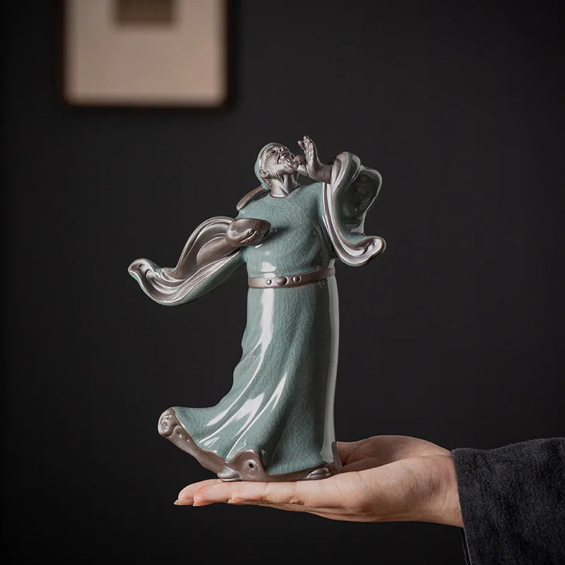 Chinese Poet Li Bai Ceramic Statue Tang Dynasty Scholar Figurine Tea Room Decor