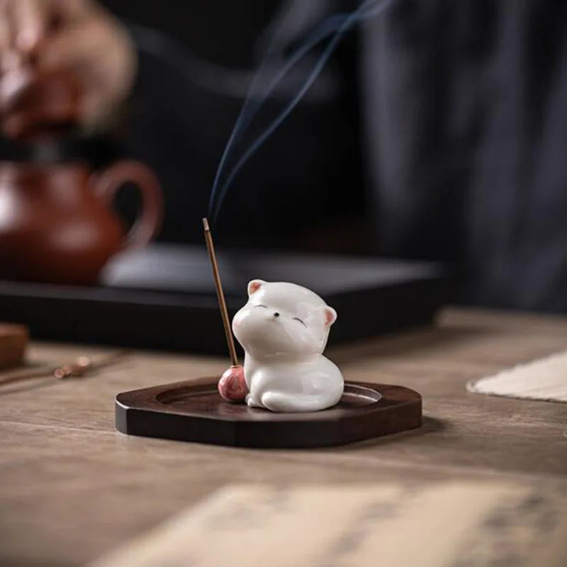 Cute Cat Porcelain Incense Stick Holder Creative Ceramic Ash Catcher Home Decor