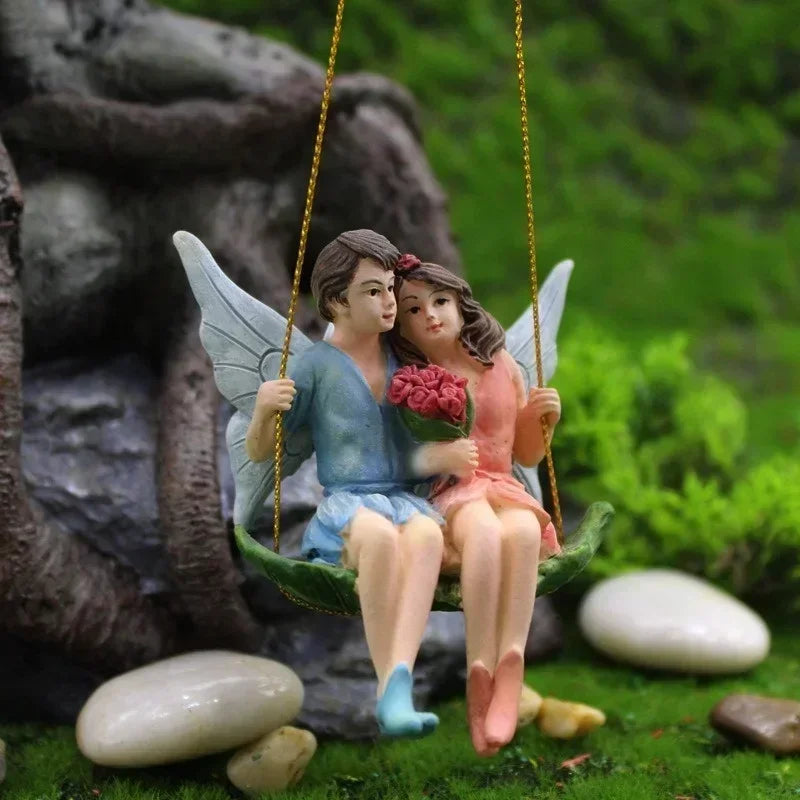 Romantic Couple Fairy on Swing Statue Resin Hanging Ornament Valentine's Day Gift