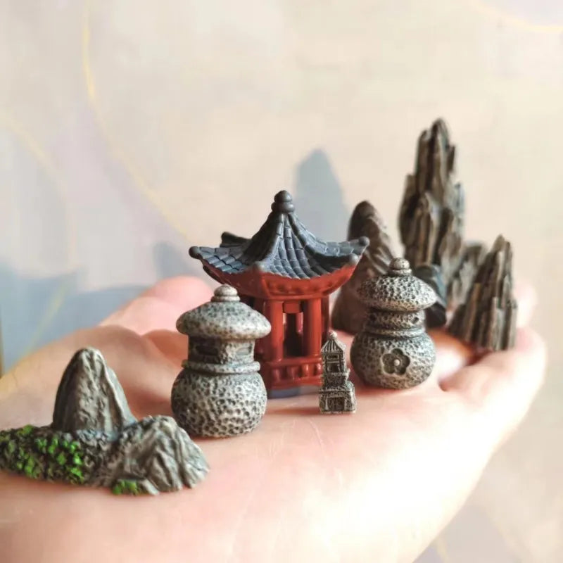 8pcs Miniature Chinese Courtyard Bridge Set Resin Zen Garden Decor Bonsai Ornament