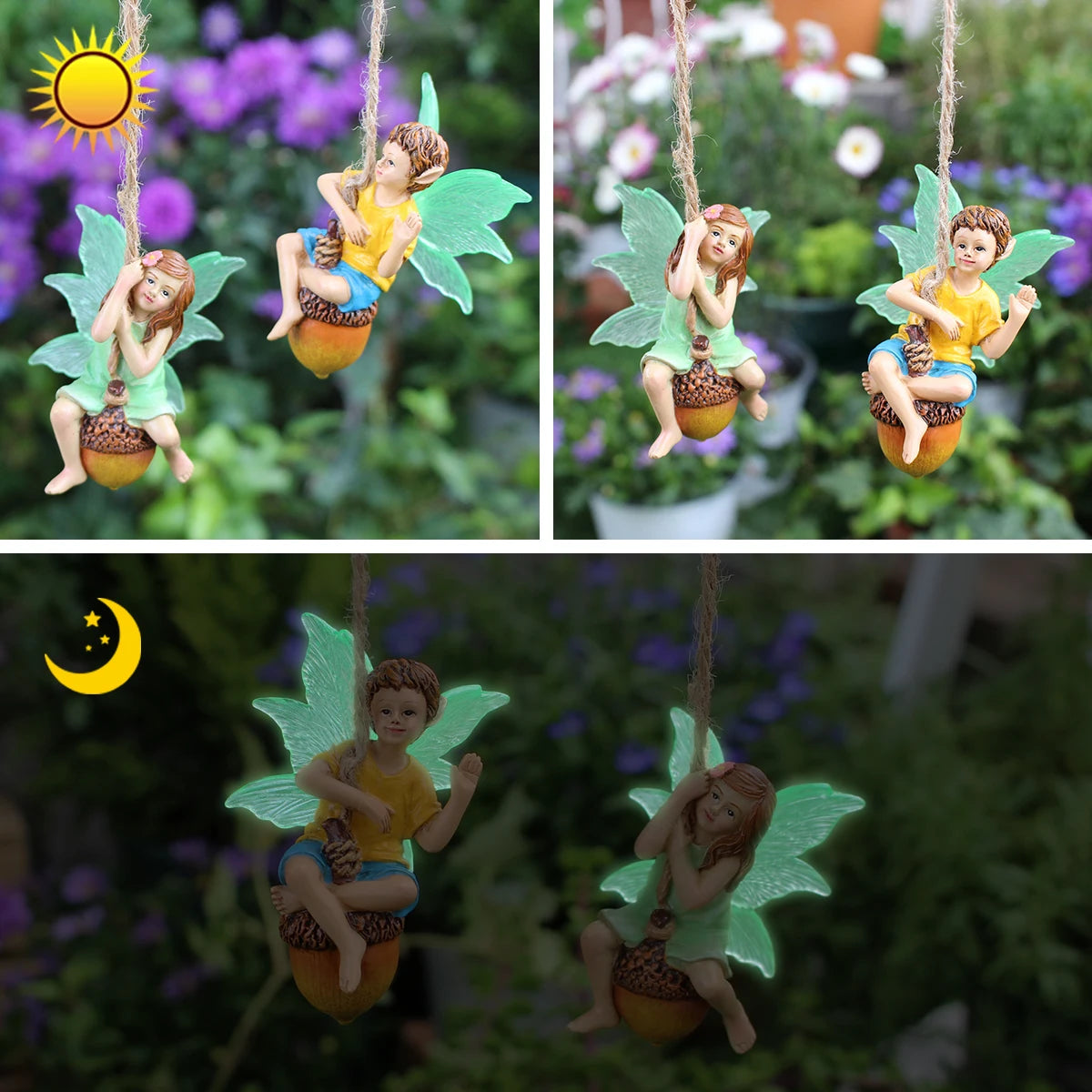 2pcs Swinging Fairy Figurine Glow in the Dark Wing Resin Couple Garden Ornament