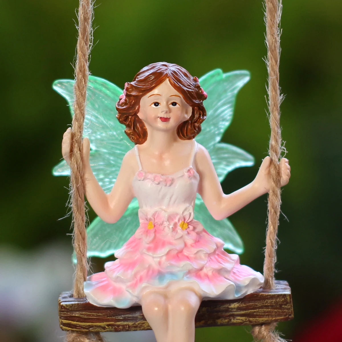 Pink Dress Swinging Fairy Statue Glow in the Dark Wings Hanging Garden Ornament