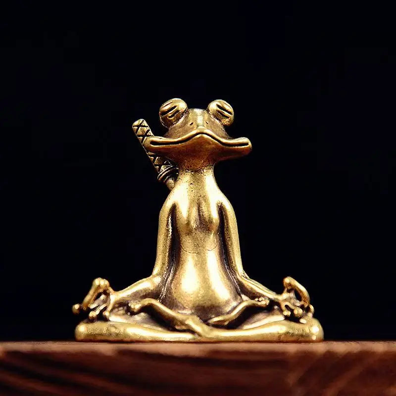 Solid Brass Frog Warrior Statue with Sword Mini Zen Animal Figurine Home Decor