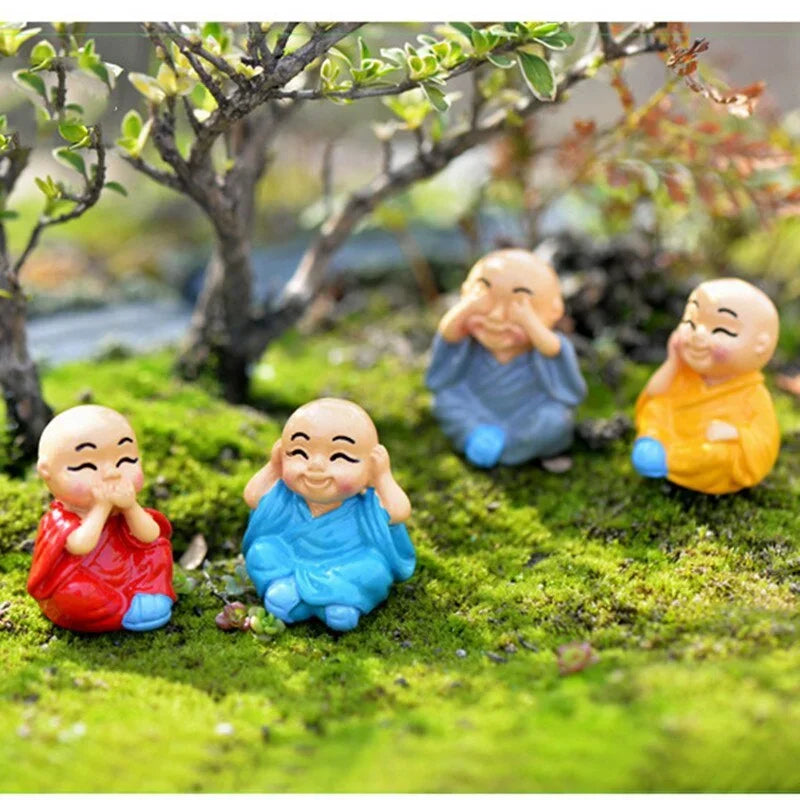 4-Piece Cute Little Monk Buddha Figurine Set - Zen Decor for Bonsai & Garden