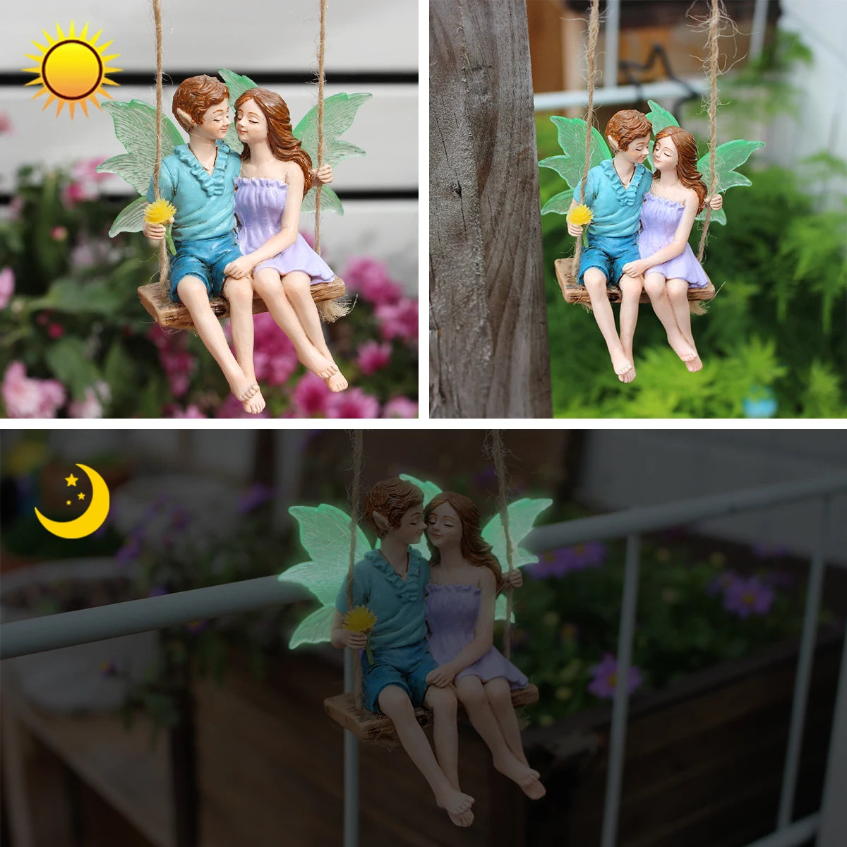 Glow in the Dark Wings Swinging Fairy Resin Hanging Statue Garden Tree Decor Gift