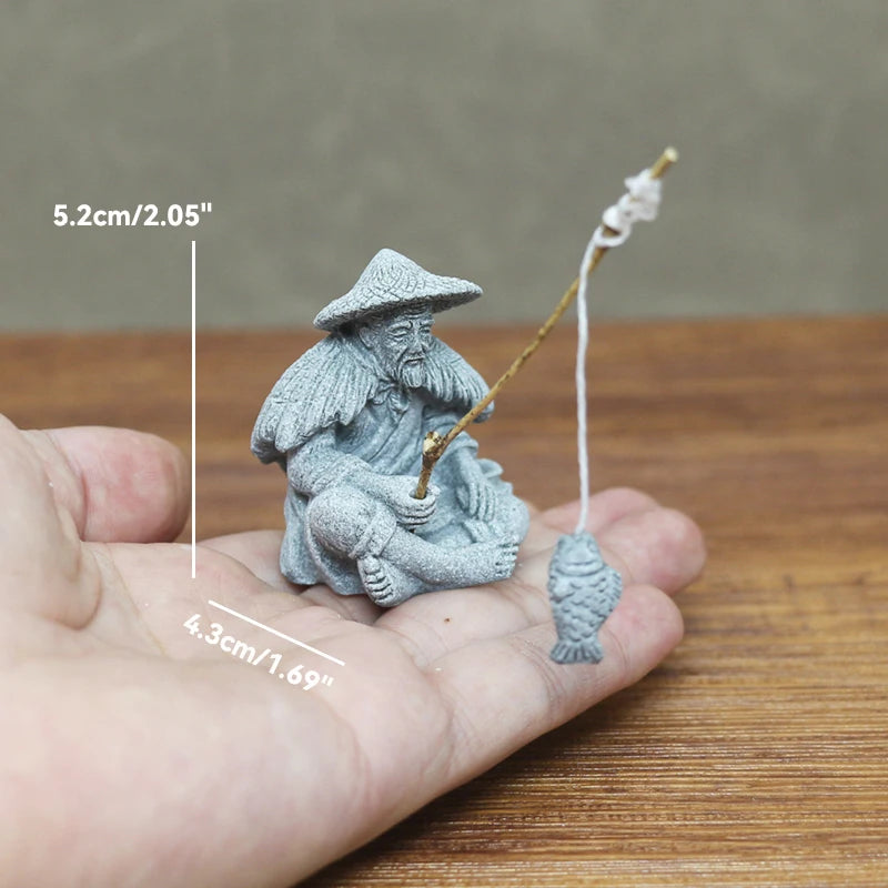 Zen Fisherman & Elder Playing Chess Statue Sandstone Bonsai Fish Tank Ornament