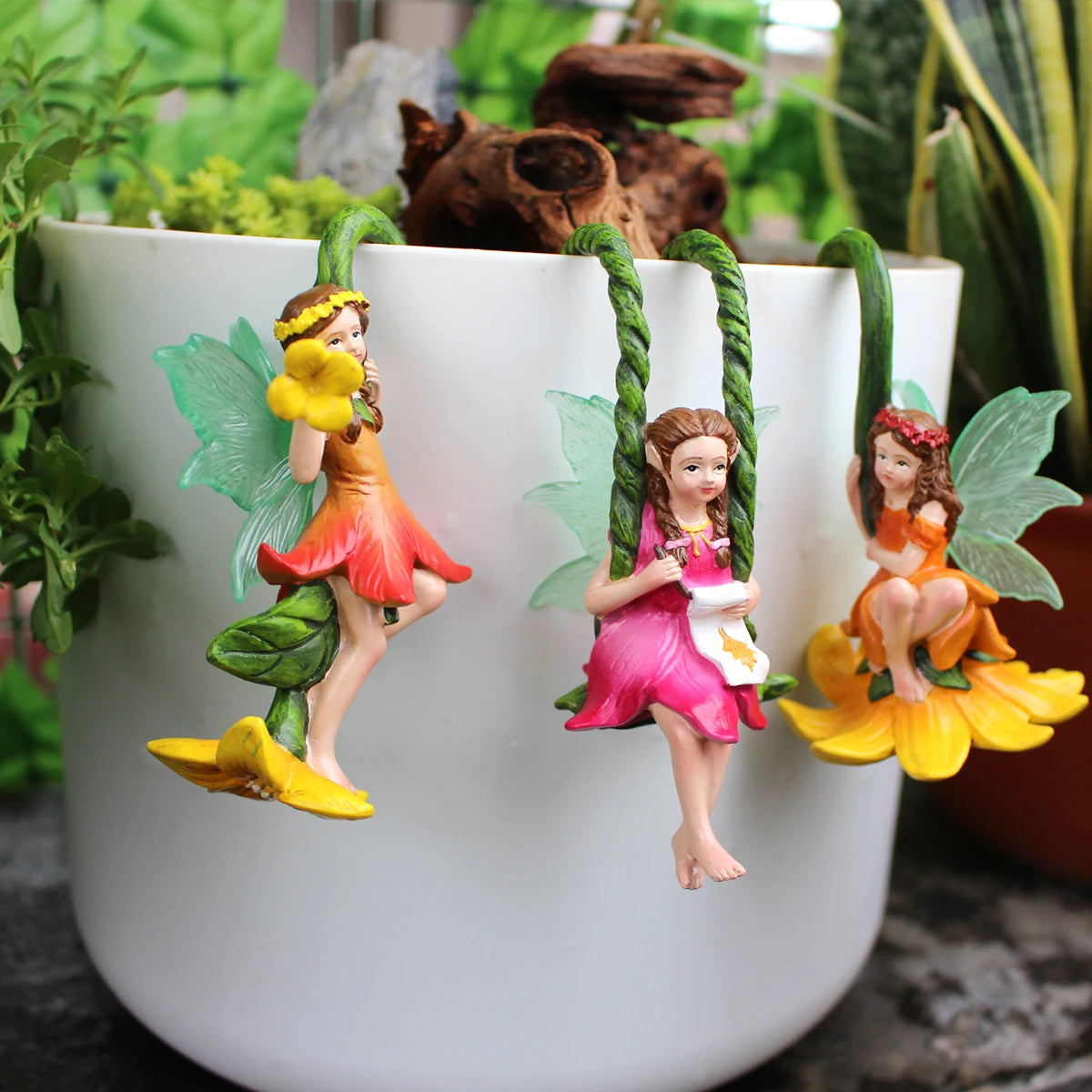 3pcs Tree Vine Flower Fairy Pot Huggers Resin Hanging Dwarf Garden Decoration
