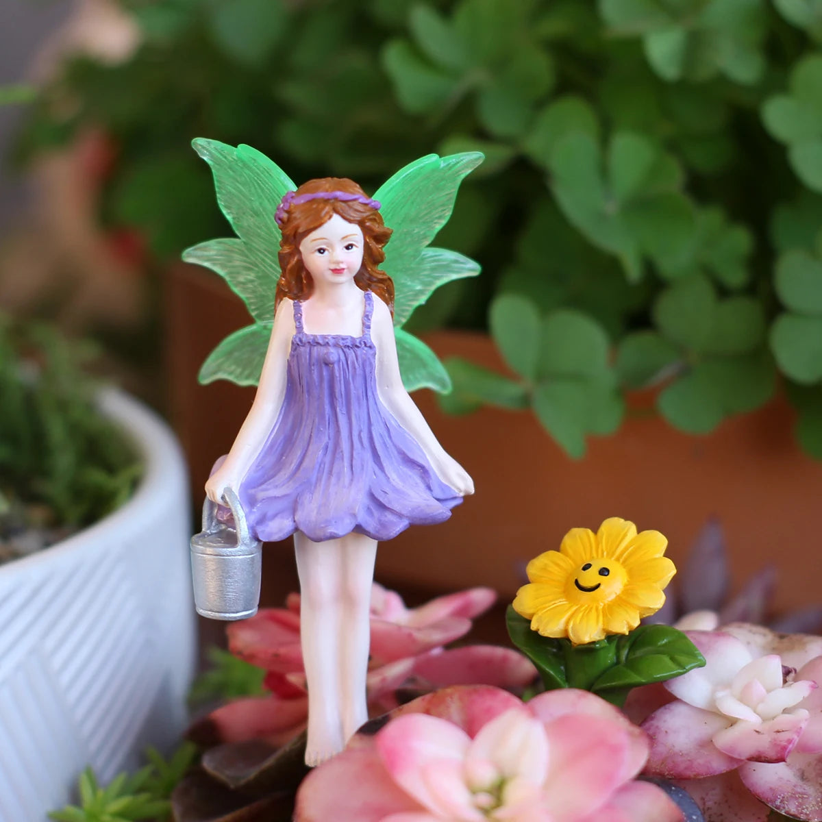 2pcs Purple Flower Fairy Garden Stakes Watering Fairy & Sunflower Plant Picks