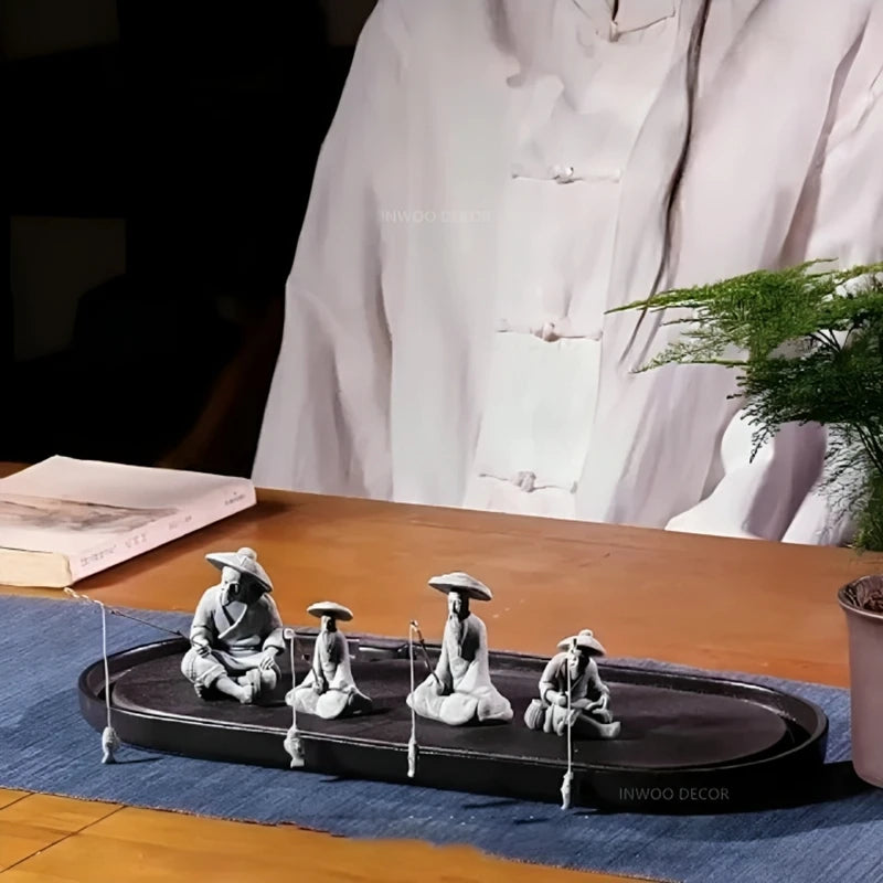 Zen Fisherman & Elder Playing Chess Statue Sandstone Bonsai Fish Tank Ornament