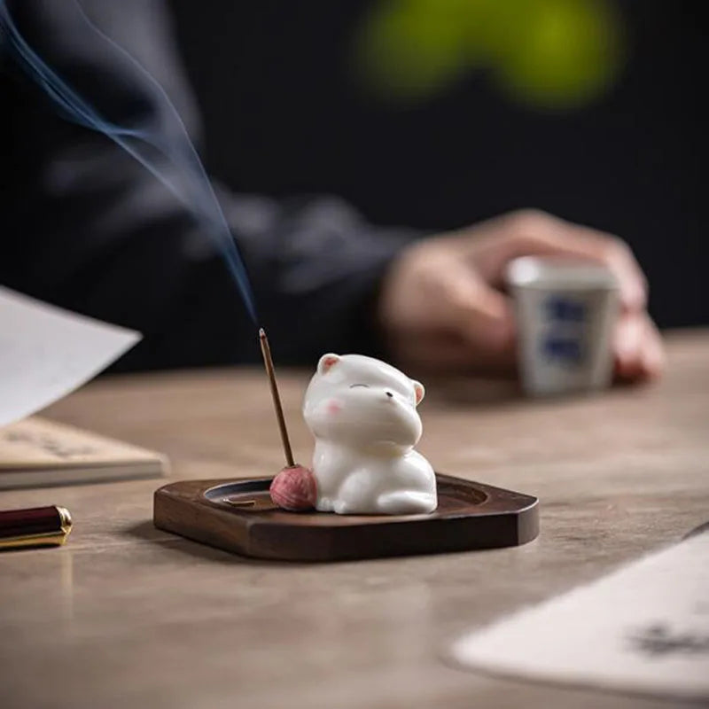 Cute Cat Porcelain Incense Stick Holder Creative Ceramic Ash Catcher Home Decor