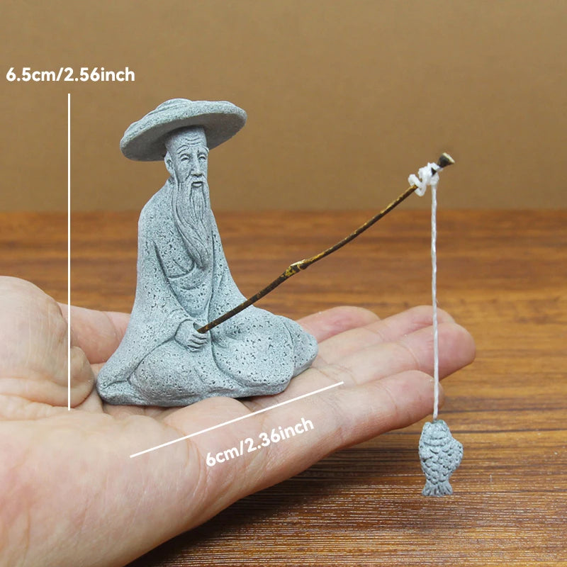 Zen Fisherman & Elder Playing Chess Statue Sandstone Bonsai Fish Tank Ornament